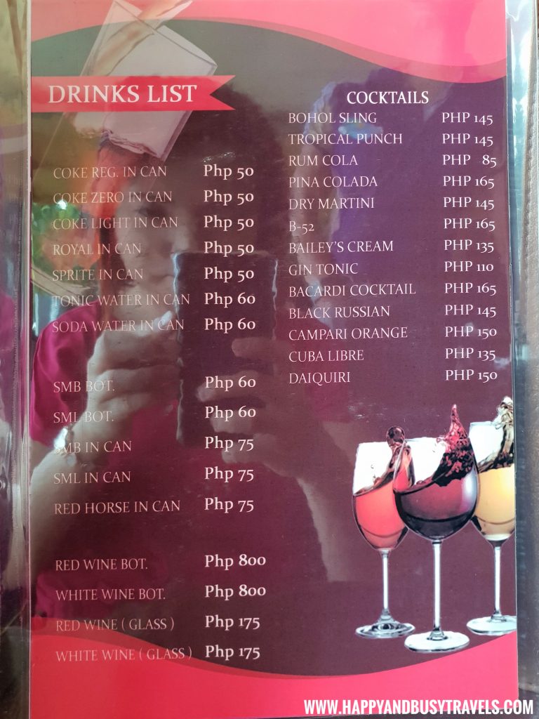 Alona Tropical Beach Resort Baybayon Restaurant Drinks Menu