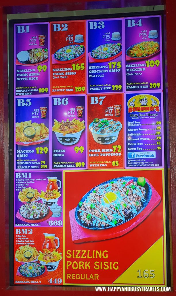 Food Barn Salitran Dasmariñas City Cavite Berong's Sisig Menu