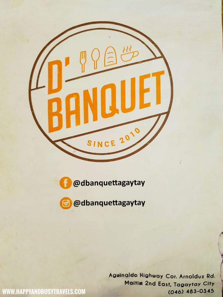 Menu D' Banquet Bakeshop and Restuurant Happy and Busy Travels to Tagaytay