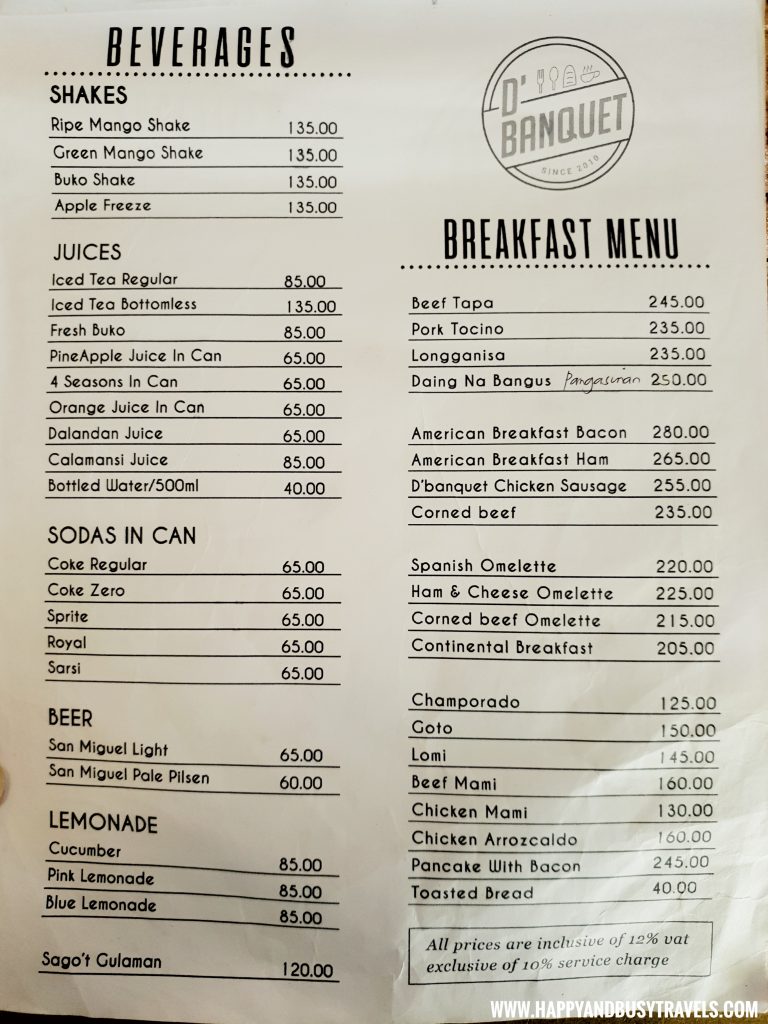 Beverages and Breakfast Menu D' Banquet Bakeshop and Restuurant Happy and Busy Travels to Tagaytay