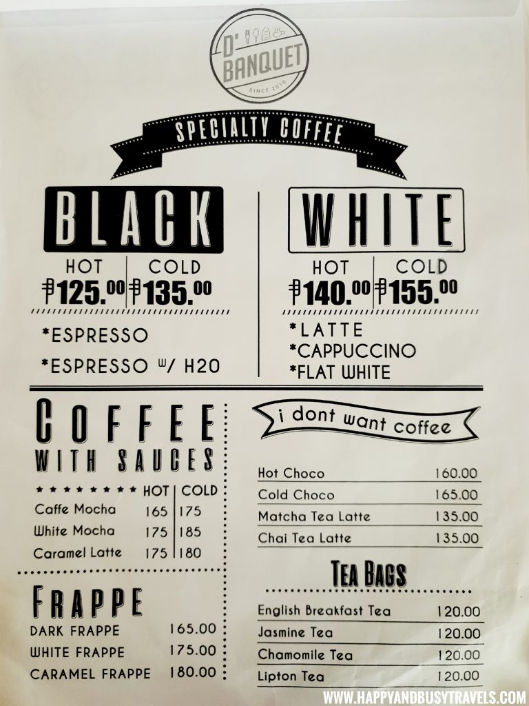 Coffee Menu D' Banquet Bakeshop and Restuurant Happy and Busy Travels to Tagaytay