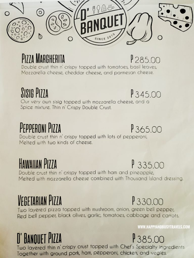 Pizza Menu D' Banquet Bakeshop and Restuurant Happy and Busy Travels to Tagaytay