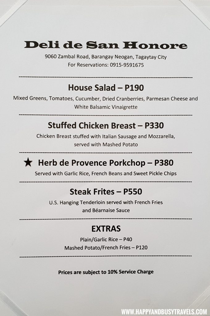 Menu of Deli de San Honore Happy and Busy Travels to Tagaytay