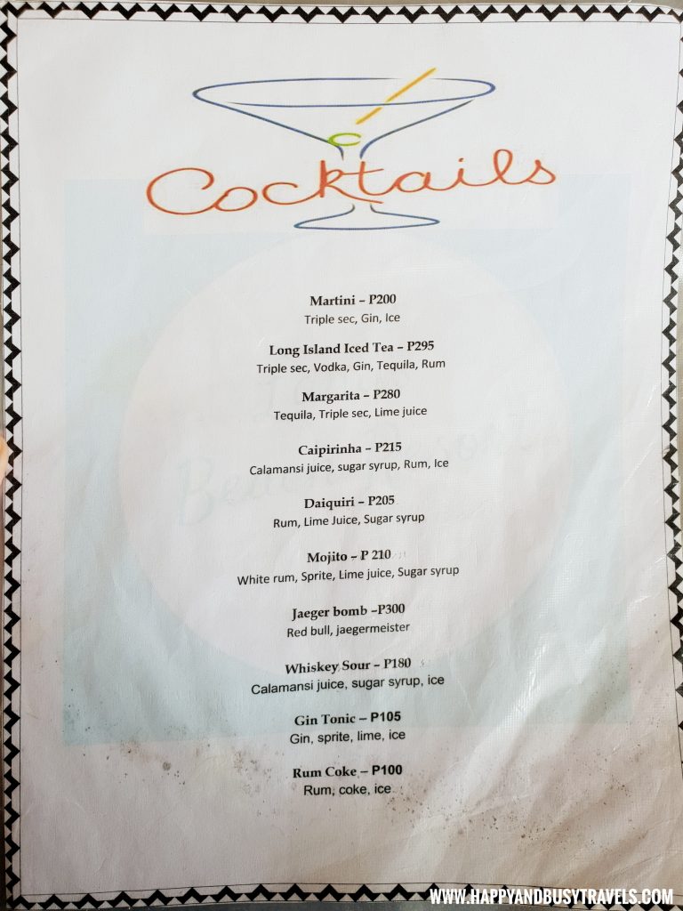 Cocktails Menu of the restaurant of Lanas Beach Resort Happy and Busy Travels to Carabao Island Romblon