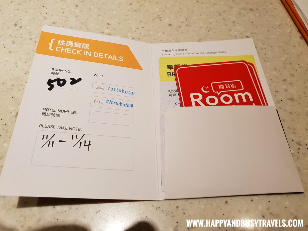 Key card and breakfast vouchers of Orange Hotel Kaifong Happy and Busy Travels to Taiwan