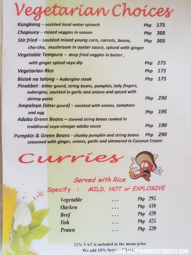 Vegetarian Choices and Curries menu of the restaurant of nigi nigi nu noos 'e' nu nu noos beach resort Happy and Busy Travels to Boracay