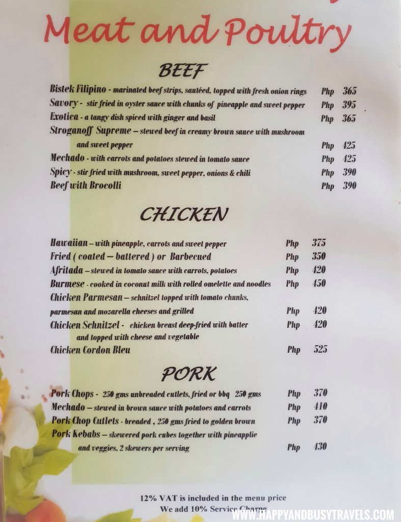 Meat and Poultry menu of the restaurant of nigi nigi nu noos 'e' nu nu noos beach resort Happy and Busy Travels to Boracay