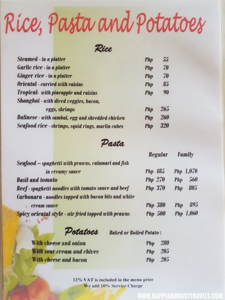 Rice Pasta and Potatoes menu of the restaurant of nigi nigi nu noos 'e' nu nu noos beach resort Happy and Busy Travels to Boracay