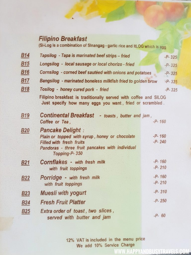 Breakfast menu of the restaurant of nigi nigi nu noos 'e' nu nu noos beach resort Happy and Busy Travels to Boracay