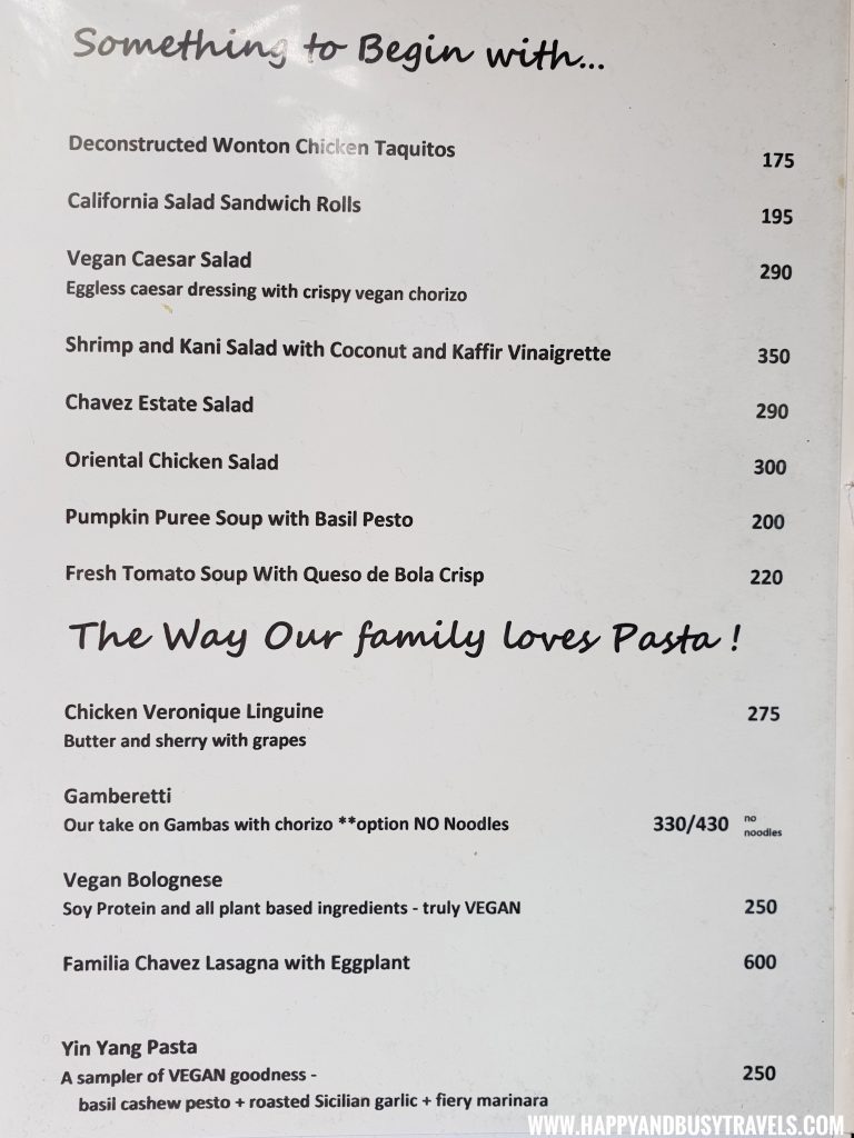Menu of Chavez Estate review of Happy and Busy Travels to Tagaytay Silang Cavite