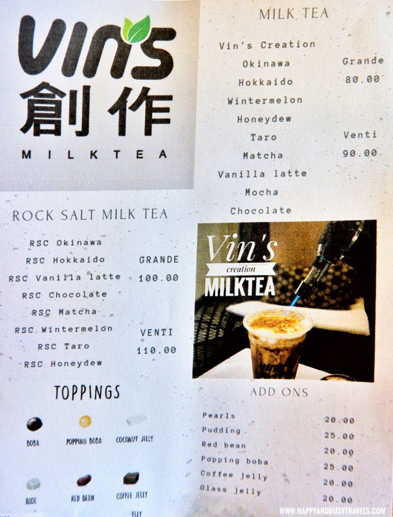 Vin's Creation Milk Tea Shop Menu Review of Happy and Busy Travels