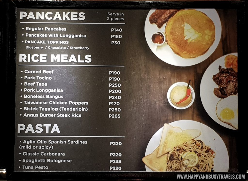 pancakes rice meals and pasta menu of Black Scoop Cafe SM Dasmarinas Cavite Branch review Happy and Busy Travels