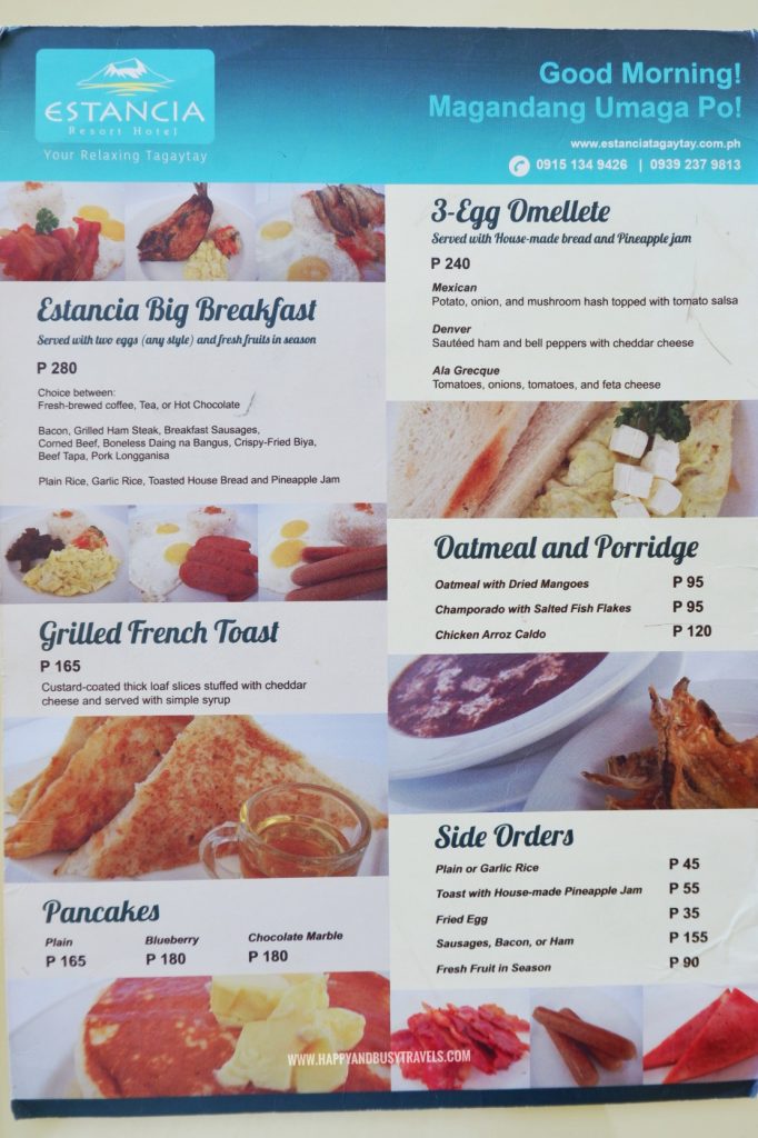 Breakfast Menu Estancia Resort Hotel Happy and Busy Travels to Tagaytay