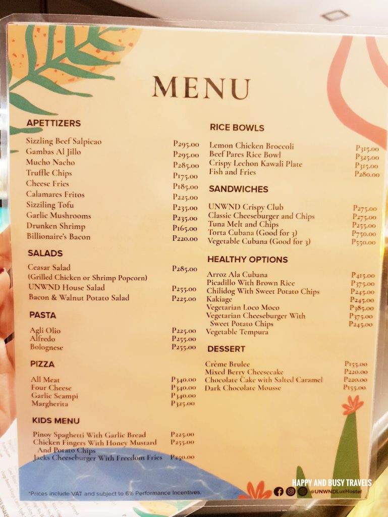 menu Unwnd Lux Hostel Poblacion Makati - Happy and Busy Travels review