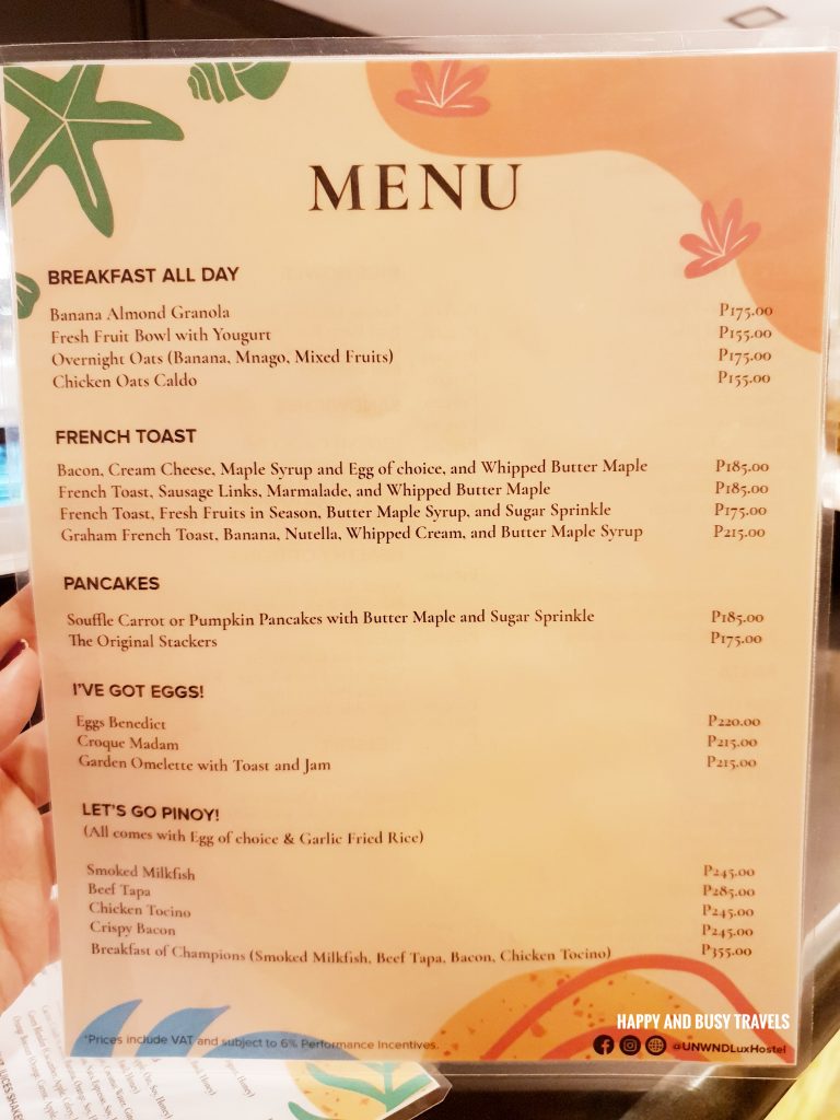 menu Unwnd Lux Hostel Poblacion Makati - Happy and Busy Travels review