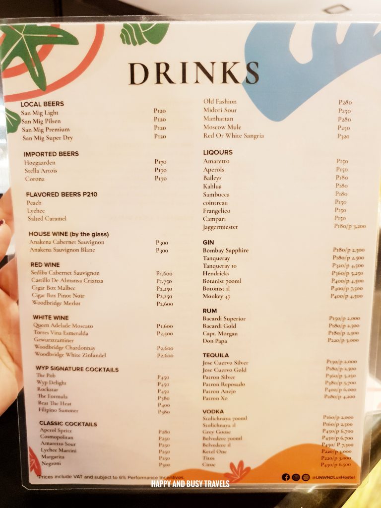 menu Unwnd Lux Hostel Poblacion Makati - Happy and Busy Travels review