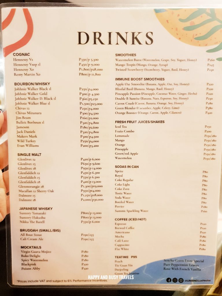 menu Unwnd Lux Hostel Poblacion Makati - Happy and Busy Travels review
