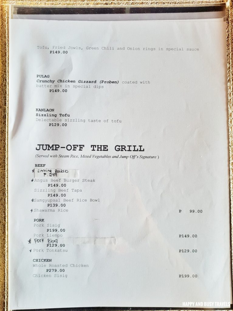 Menu Jump Off Bar and Grill Ph - Happy and Busy Travels to Cavite