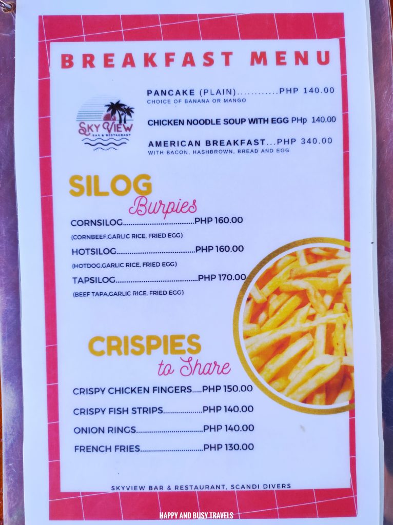 menu Sky View restaurant and bar Scandi Divers - Where to stay eat in Puerto Galera Lalaguna - Happy and Busy Travels