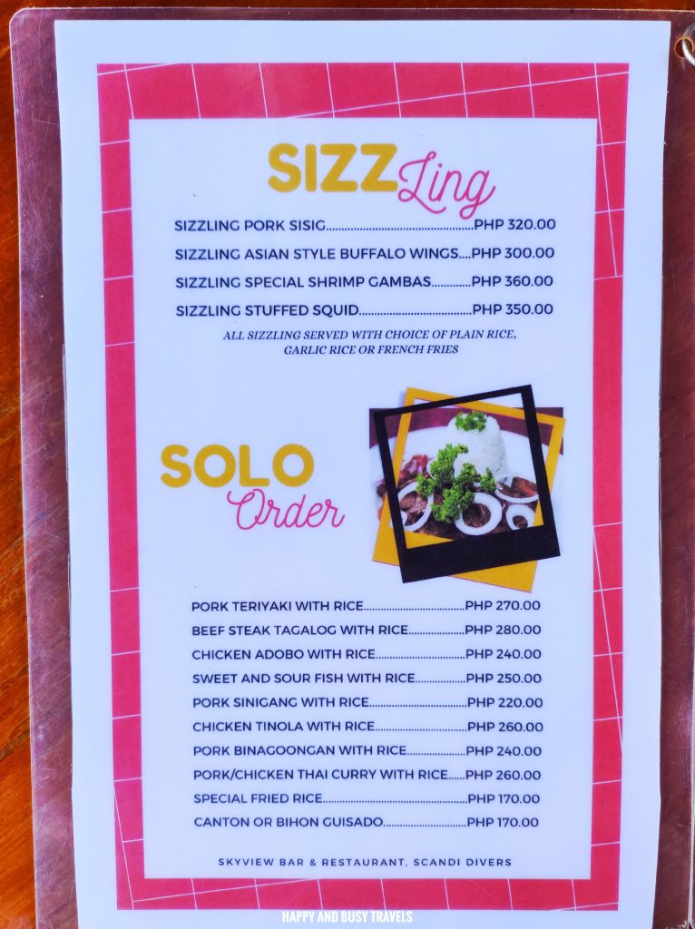 menu Sky View restaurant and bar Scandi Divers - Where to stay eat in Puerto Galera Lalaguna - Happy and Busy Travels