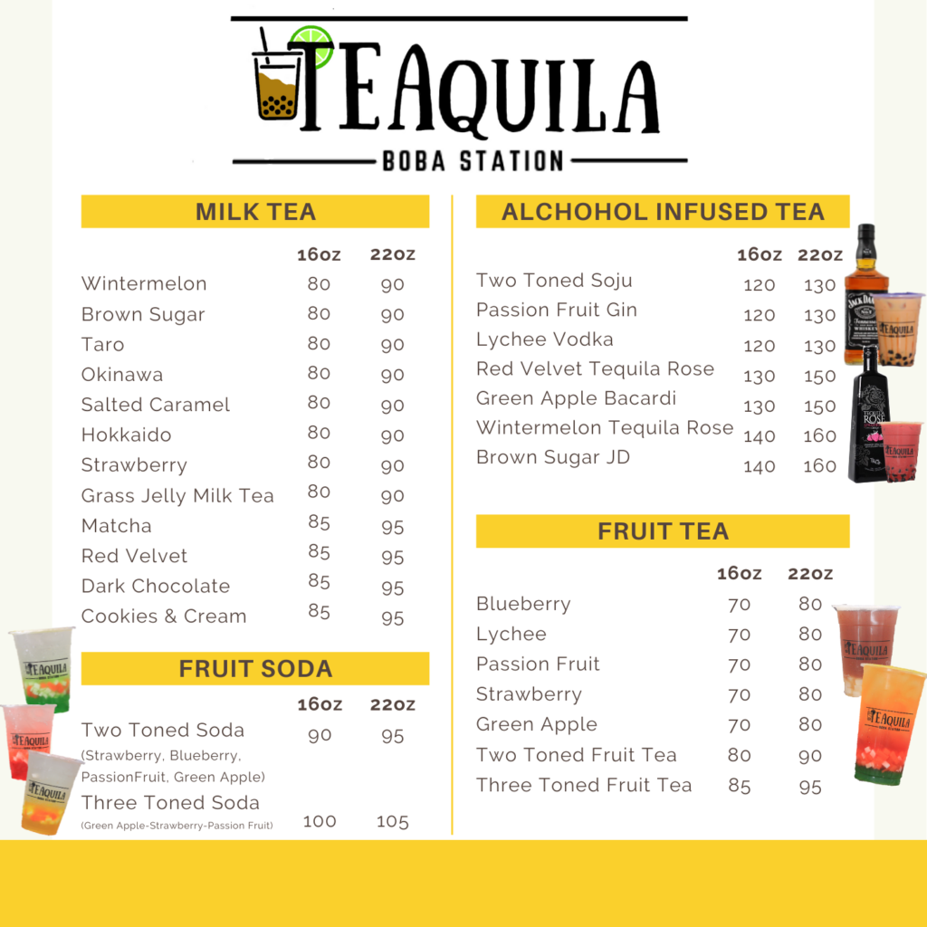 menu TEAquila Boba Station - alcoholic Milk tea drink in Dasmarinas Cavite - Happy and Busy Travels