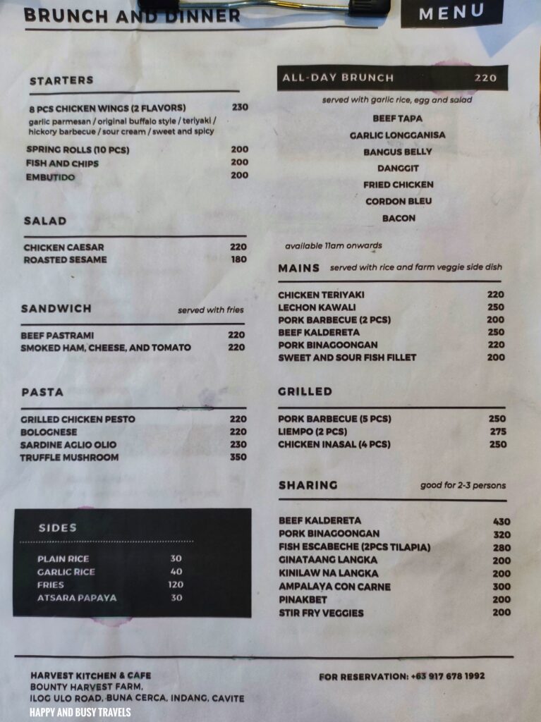 menu Harvest Kitchen and Cafe - Where to eat in Indang Tagaytay Silang Cavite - Happy and Busy Travels