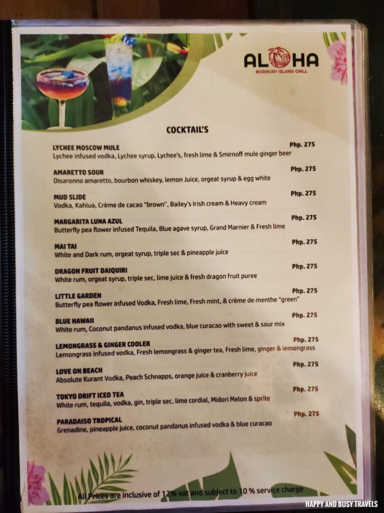 menu Aloha Boracay Island Grill - Where to eat in Boracay Restaurants - Happy and Busy Travels