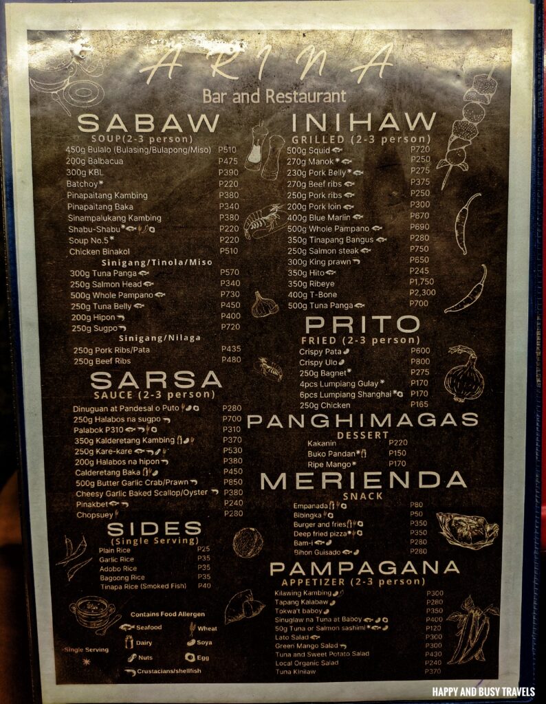 menu Arina Bar and Restaurant - Where to eat in Boracay restaurant - Happy and Busy Travels