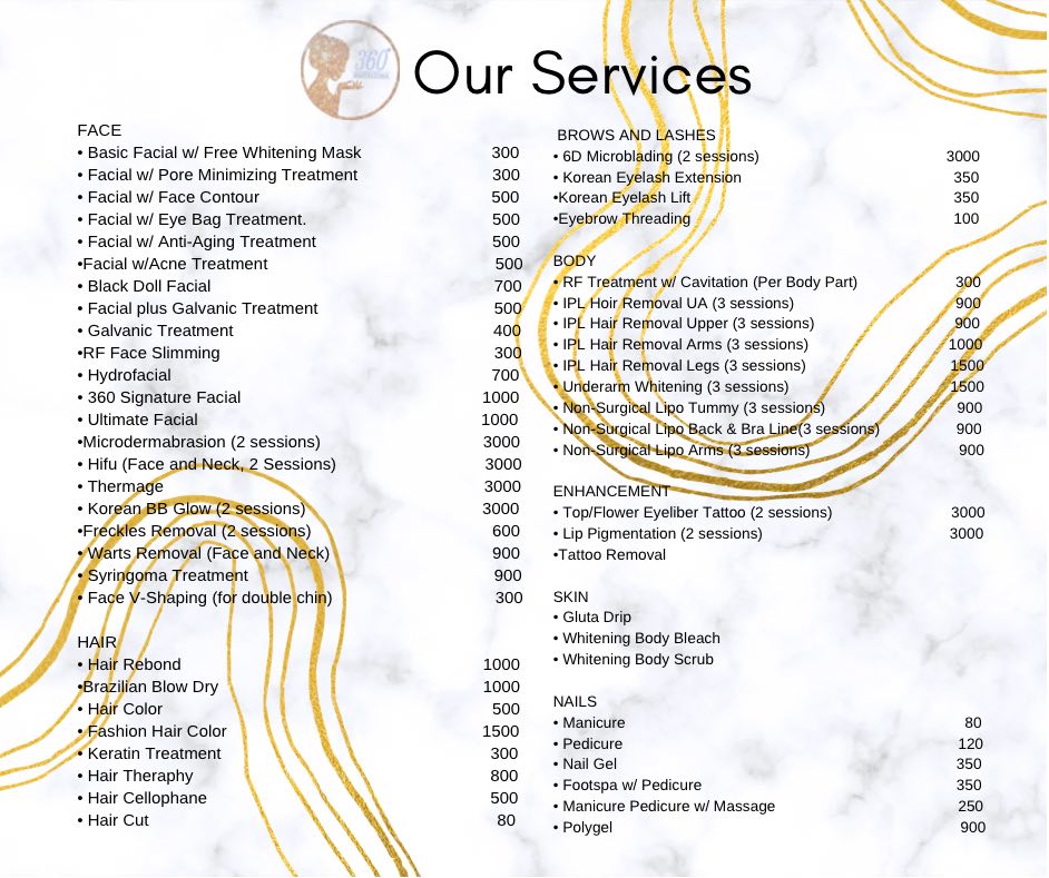 list of Services menu 360 Beauty Lounge Spa Salon Piela Dasmarinas Cavite - Happy and Busy Travels