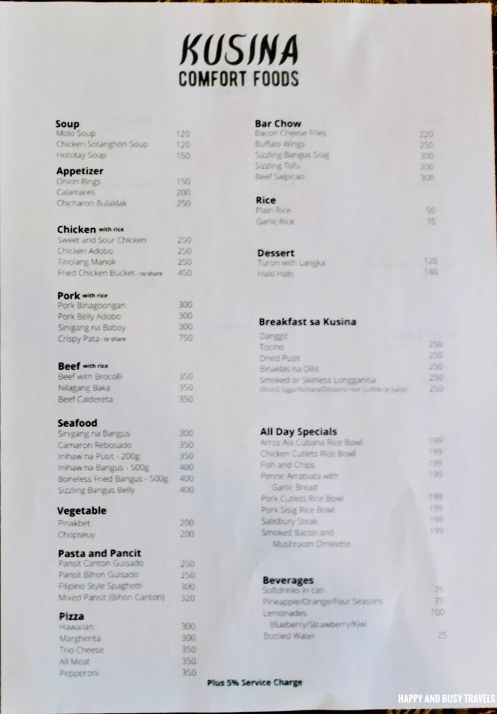 menu Kusina Comfort Foods - Arzo Hotel Manila Where to eat in Paco Manila Filipino Food - Happy and Busy Travels