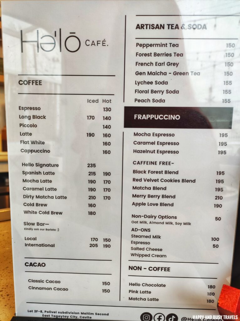 menu Hello Cafe - Where to eat in Tagaytay Coffee Restaurant - Happy and Busy Travels