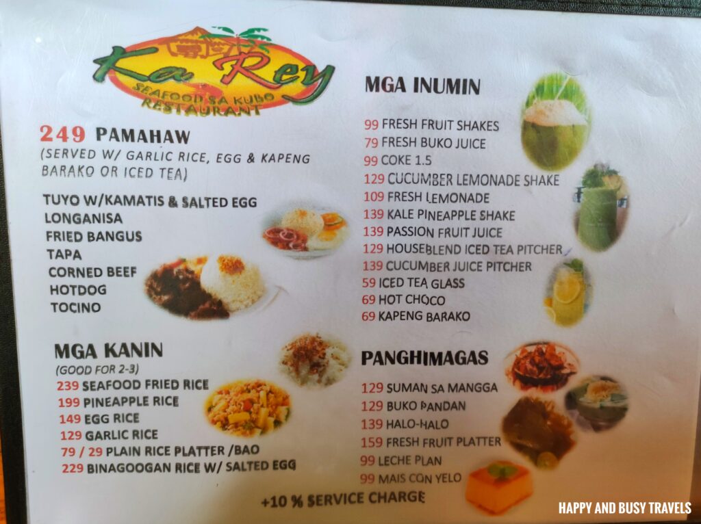 menu Ka Rey Seafood Restaurant - Where to eat Tagaytay party tray - Happy and Busy Travels