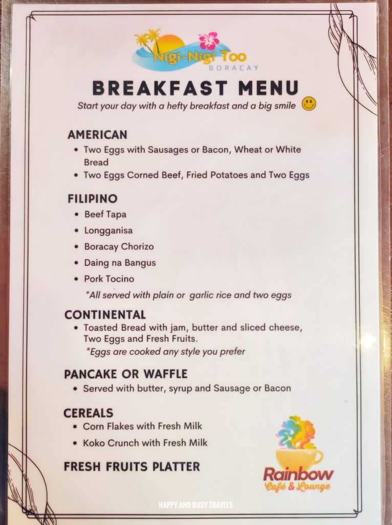 menu breakfast Nigi Nigi Too - Boracay affordable Beachfront hotel resort station 2 - Happy and Busy Travels