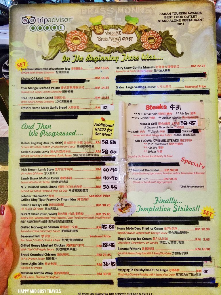 menu Brass Monkey Cafe and Bar - Where to eat Kota Kianablu Sabah Malaysia - Happy and Busy Travels