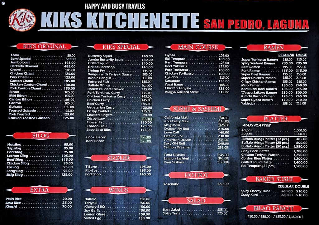 Kiks Kitchenette 27 - menu Where to eat San Pedro Laguna Japanese restaurant - Happy and Busy Travels
