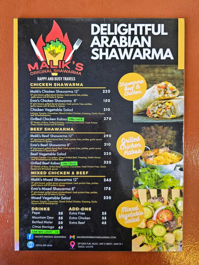 Maliks Malik's Original Shawarma 22 - menu Where to eat in Tanza Restaurant Arabian Shawarma - Happy and Busy Travels