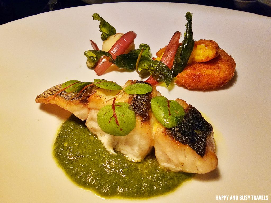 Table 36 Skyfarm Journey 5 course menu Swissotel Nankai Osaka Japan 22 - Seared Seasonal Seabass with salsa verde caper berry brown butter - romantic dinner Happy and Busy Travels